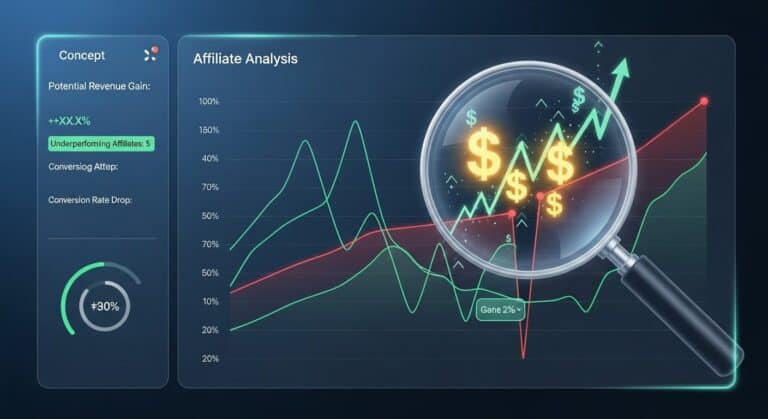 Digital dashboard illustrating affiliate gap analysis with a highlighted gap, a magnifying glass revealing growth opportunities, and a subtle US map in the background, symbolizing boosted commissions and new discoveries in 2025.